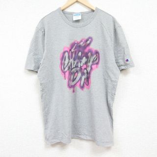 チャンピオン(Champion)のXL★古着 チャンピオン Champion 半袖 ブランド Tシャツ メンズ ビッグロゴ ハンドペイント コットン クルーネック グレー 霜降り 24jun05 中古(Tシャツ/カットソー(半袖/袖なし))