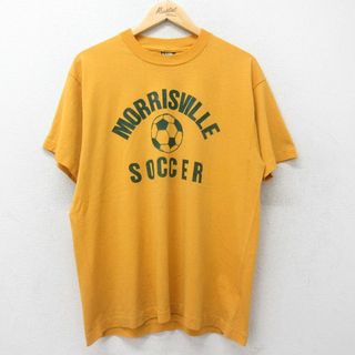 スクリーンスターズ(SCREEN STARS)のXL★古着 スクリーンスターズ 半袖 ビンテージ Tシャツ メンズ 80年代 80s MORRISVILLE サッカー 黄 イエロー 24jun05 中古(Tシャツ/カットソー(半袖/袖なし))