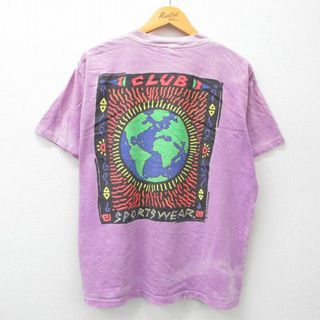 L★古着 半袖 ビンテージ Tシャツ メンズ 90年代 90s 地球 CLUB クルーネック USA製 紫 パープル 24jun05 中古(Tシャツ/カットソー(半袖/袖なし))