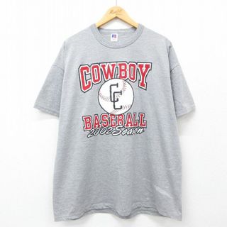 XL★古着 ラッセル 半袖 ビンテージ Tシャツ メンズ 00年代 00s COWBOY 野球 大きいサイズ クルーネック グレー 霜降り 24jun05 中古(Tシャツ/カットソー(半袖/袖なし))