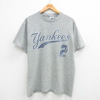 L★古着 半袖 ビンテージ Tシャツ メンズ 00年代 00s MLB ニューヨークヤンキース デレクジーター 2 コットン クルーネック グレー 霜降り メジャーリーグ ベースボール 野球 24jun05 中古(Tシャツ/カットソー(半袖/袖なし))