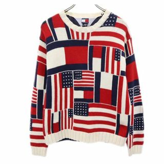 トミーヒルフィガー(TOMMY HILFIGER)のトミーヒルフィガー 90s フラッグタグ 総柄 長袖 ニット L 赤×白×紺 TOMMY HILFIGER セーター レディース(ニット/セーター)