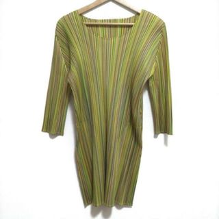 プリーツプリーズイッセイミヤケ(PLEATS PLEASE ISSEY MIYAKE)のPLEATS PLEASE(プリーツプリーズ) ワンピース サイズ3 L レディース美品  - イエロー×ブラウン×マルチ 長袖/ひざ丈/ストライプ/プリーツ(その他)