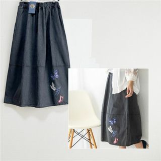 ScoLar - 【ScoLar】蝶花刺繍 ケミカルウォッシュ デニムスカート タグ付未使用