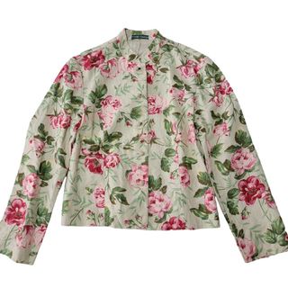 ローラアシュレイ(LAURA ASHLEY)の【大人気】花柄 ローラアシュレイ ローズ柄 チャイナジャケット M リネン(ノーカラージャケット)