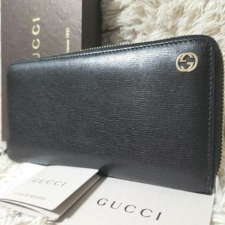 グッチ(Gucci)の美品 GUCCI インターロッキングG ラウンドファスナー 長財布 ブラック(財布)