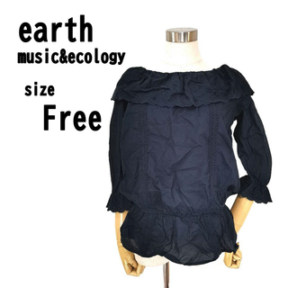 【F】earth music&ecology 薄手 トップス ブラック 春夏向け(シャツ/ブラウス(半袖/袖なし))