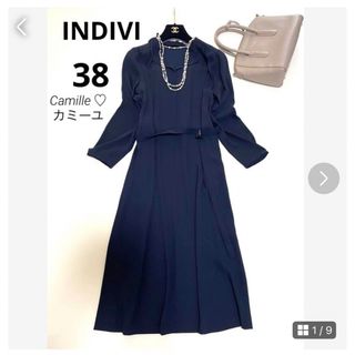 INDIVI - 美品♡インディヴィ ワンピース♡パウダリーサテンワンピース♡サイズ38 ネイビー