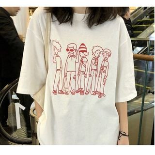 人気 シャツ ビッグサイズ ゆったり 半袖 プリント 韓国 おしゃれ ホワイト(Tシャツ(半袖/袖なし))