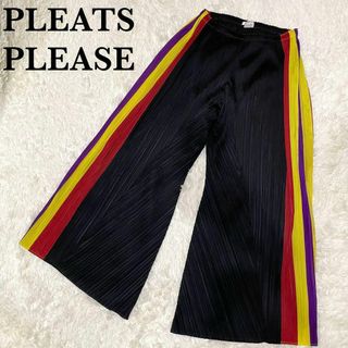 PLEATS PLEASE ISSEY MIYAKE - 【希少デザイン】プリーツプリーズ　サイドラインパンツ　マルチカラー　ブラック　黒