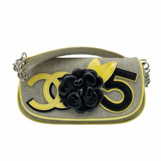 シャネル(CHANEL)のCHANEL シャネル ワンショルダー ショルダーバッグ キャンバス レザー カメリア NO.5 チェーン グレー イエロー シルバー金具 レディース(ショルダーバッグ)