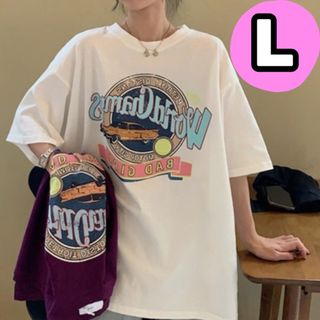 Tシャツ　ホワイト　ビッグ　プリント　ゆったり　体型カバー　ロゴ　韓国　原宿(Tシャツ(半袖/袖なし))