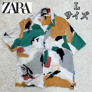 ザラ(ZARA)の美品　ZARA ザラ　半袖シャツ　テロシャツ　ペイント　レーヨン　Lサイズ　白(シャツ)