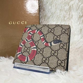 グッチ(Gucci)の希少　グッチ　折財布　スネーク　GGスプリーム　レザー　ユニセックス　蛇　黒(折り財布)