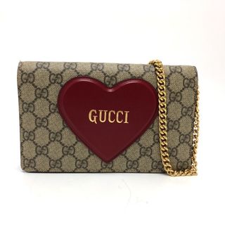 グッチ(Gucci)のグッチ GUCCI ハート GG 648948 GGスプリーム チェーンウォレット ショルダーバッグ 肩掛け 斜め掛け 長財布 GGスプリームキャンバス ベージュ×レッド(財布)