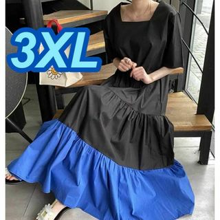 a大きいサイズ・バイカラー ロングワンピース・切り替え ゆったり・半袖 3XL(ロングワンピース/マキシワンピース)