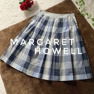 マーガレットハウエル(MARGARET HOWELL)のマーガレットハウエル　リネンコットン　チェックプリーツスカート　日本製　青　2(ひざ丈スカート)