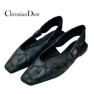 クリスチャンディオール(Christian Dior)のクリスチャンディオール CHRISTIAN DIOR パンプス 靴 シューズ サテン ブラック 黒 未使用 サンダル フラットシューズ レオパード スリングバック(ハイヒール/パンプス)