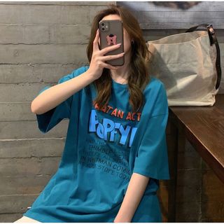 【人気商品】レディース　ゆったり　グリーン　Tシャツ　L　半袖　プリント(Tシャツ(半袖/袖なし))