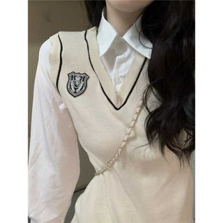 Mサイズ 学生風 制服 セクシー ワンピース ベスト ベージュ N582(ミニワンピース)