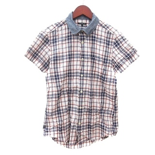 ジュンメン(JUNMEN)のジュンメン シャツ ラウンドカラー チェック 半袖 S 紺 ネイビー 白(シャツ)
