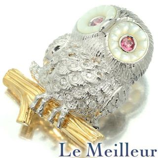 フクロウブローチ ピンクトルマリン 0.21ct ダイヤモンド K18 中古 プレラブド 返品OK(ブローチ/コサージュ)