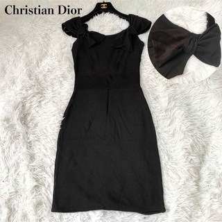 クリスチャンディオール(Christian Dior)の極美品 Christian Dior 肩リボン サマーニット ワンピース 40(ひざ丈ワンピース)
