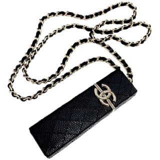 シャネル(CHANEL)のシャネル CHANEL ネックレス ブラック ゴールド リップケース ココマーク マトラッセ チェーン レザー(ネックレス)