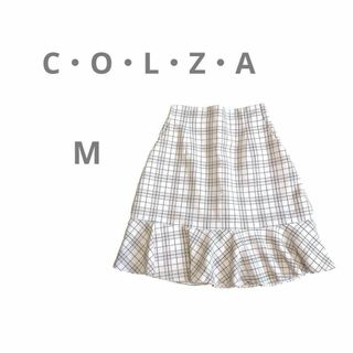 コルザ(COLZA)の【コルザ COLZA】ひざ丈台形スカート マーメイド 裾フリル チェック 白 M(ひざ丈スカート)