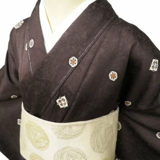 小紋 着物 未使用 正絹 袷 カジュアル 華文 花紋 焦茶色 多色 身丈164.5cm 裄68cm L ワイド きもの北條 A1033-12(着物)