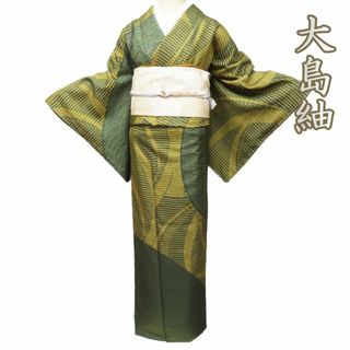 大島紬 着物 未使用 正絹 袷 セミフォーマル 老竹色 山吹茶色 身丈168cm 裄67cm L トール きもの北條 A1033-6(着物)