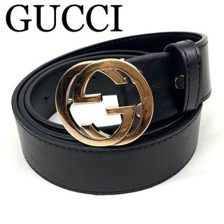 Gucci - GUCCI ベルト　インターロッキング　GG金具　ゴールド金具　ブラック　レザー