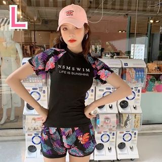 【売れてます】ボタニカル 水着 L ブラック 半袖 ラッシュガード 海 プール(水着)