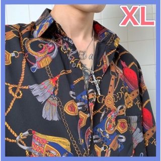 個性的なチェーンプリント　黒×赤　XL　ゆったり韓国版　男性レトロシフォンシャツ(シャツ)