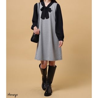 ハニーズ(HONEYS)のHoneys COLZA 黒ボウタイワンピースブラック長袖(ひざ丈ワンピース)