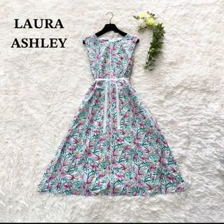 ローラアシュレイ(LAURA ASHLEY)の極美品 希少デザイン ローラアシュレイ 大きいサイズ ノースリーブワンピース 麻(ロングワンピース/マキシワンピース)