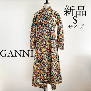 GANNI ガニー　花柄 ロゴプリント シャツワンピース　マルチカラー　S(ロングワンピース/マキシワンピース)