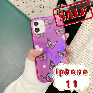 iphone11 スマホケース 花  ソフトケース 紫 蝶 バタフライ (iPhoneケース)