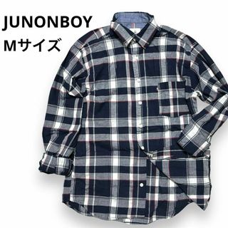 ジュノンボーイ 長袖チェックシャツ コットンシャツ 長袖シャツ ボタンシャツ 紺(Tシャツ/カットソー(七分/長袖))