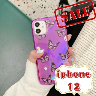 iphone12 スマホケース 花  ソフトケース 紫 蝶 バタフライ (iPhoneケース)