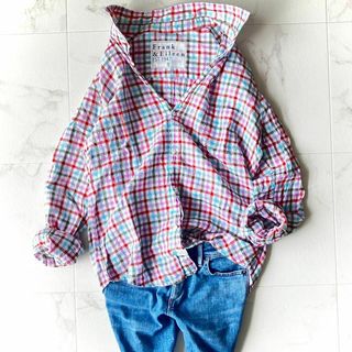 フランクアンドアイリーン(Frank&Eileen)の美品＊フランク＆アイリーン　リネンシャツ　Sゆったり　チェック　マルチカラー(シャツ/ブラウス(長袖/七分))