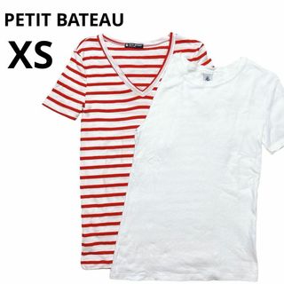 PETIT BATEAU - プチバトー ミニマリニエールVネック半袖Tシャツ ボーダーシャツ 2枚セット 白