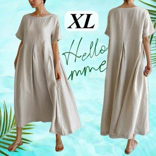 XL アイボリー コットン リネン ロングワンピース 大人ナチュラル 半袖 韓国(ロングワンピース/マキシワンピース)