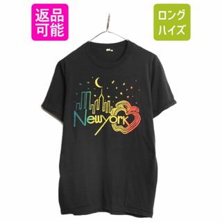 80s USA製 ニューヨーク アップル イラスト 発泡 プリント Tシャツ メンズ L 小さめ M 程 ヴィンテージ シングルステッチ 黒 SCREEN STARS(Tシャツ/カットソー(半袖/袖なし))