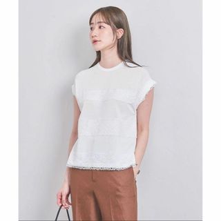 ユナイテッドアローズ(UNITED ARROWS)の新品 ユナイテッドアローズ / レースボーダー フレンチスリーブニット ホワイト(カットソー(半袖/袖なし))