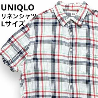 ユニクロ(UNIQLO)のユニクロ リネン混 半袖ボタンシャツ チェック柄 ポケットシャツ オフィス 白(Tシャツ/カットソー(半袖/袖なし))