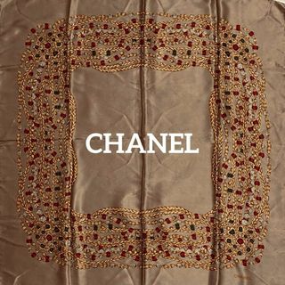 シャネル(CHANEL)の★CHANEL★ スカーフ 大判 チェーン ビジュー ブラウン(バンダナ/スカーフ)