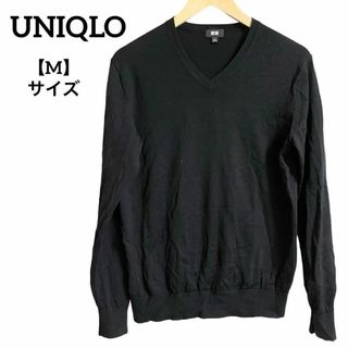 ユニクロ(UNIQLO)のD14 【美品】 ユニクロ セーター 長袖 薄手 黒 M Vネック ウールマーク(ニット/セーター)