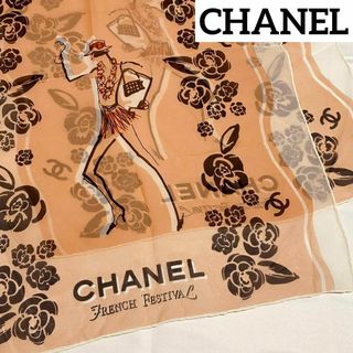 シャネル(CHANEL)の★CHANEL★ストール シフォン ココマーク カメリア 女性 シルク ベージュ(ストール/パシュミナ)