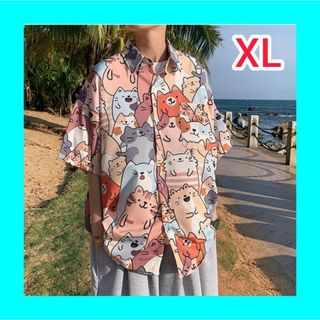 シャツ メンズ XL 半袖 オレンジ 猫柄(シャツ)